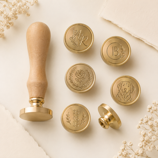 Custom wax seal stamp with wooden handle and interchangeable brass stamp heads