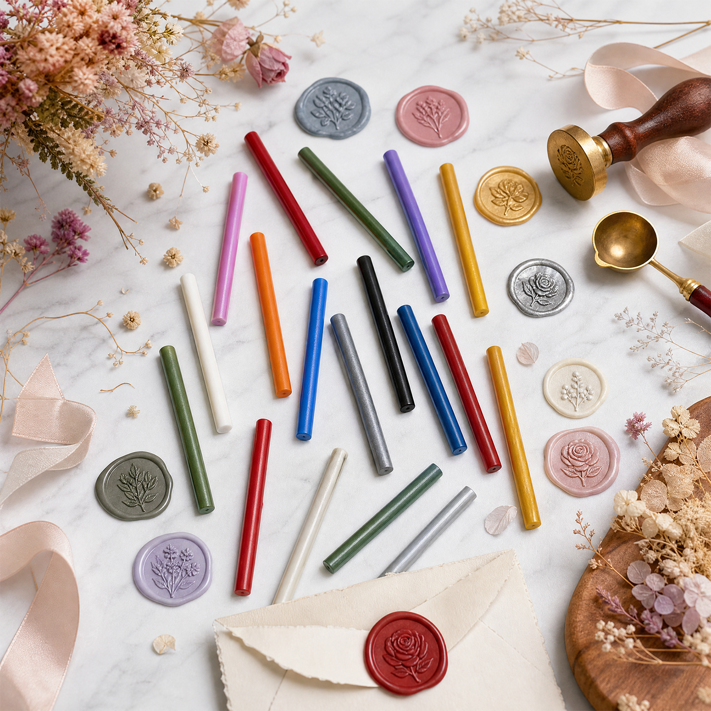 Colorful sealing wax sticks with wax seals stamp spoon flowers and wedding stationery
