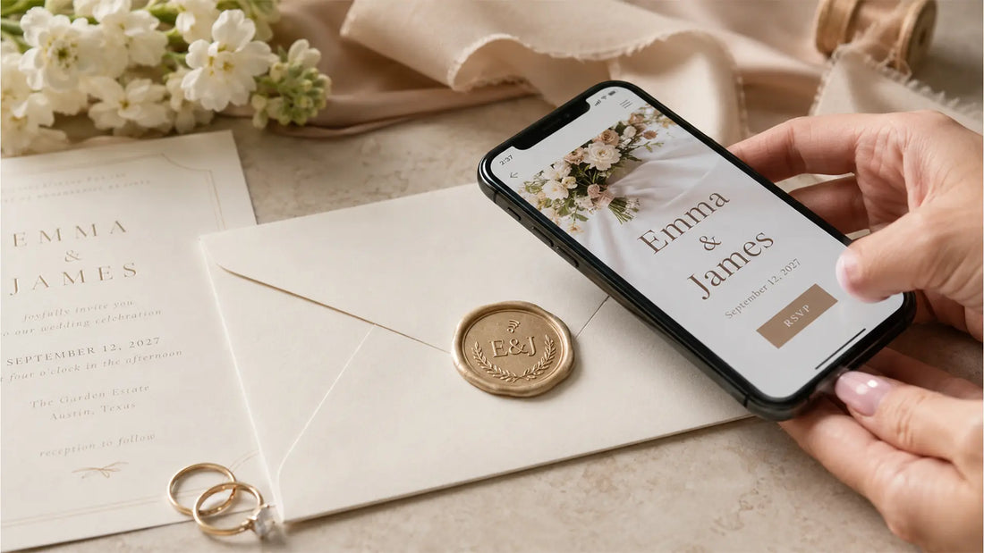 NFC wax seal wedding invitation opening a wedding website with a smartphone