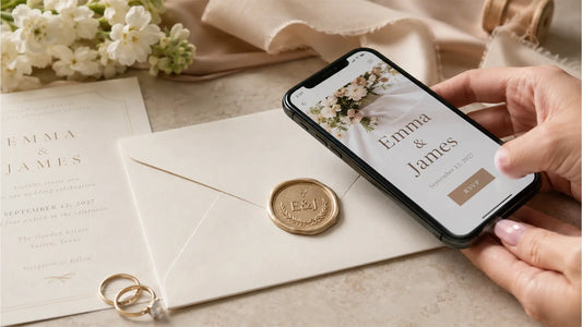 NFC wax seal wedding invitation opening a wedding website with a smartphone