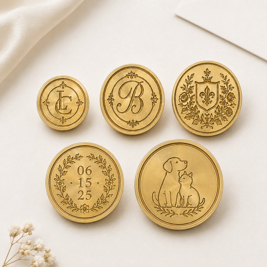 Custom brass wax seal stamp head with precision engraved personalized design