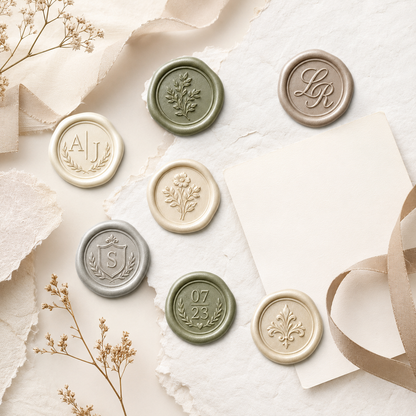 Custom pre-made wax seals with peel and stick adhesive backing for invitations and packaging