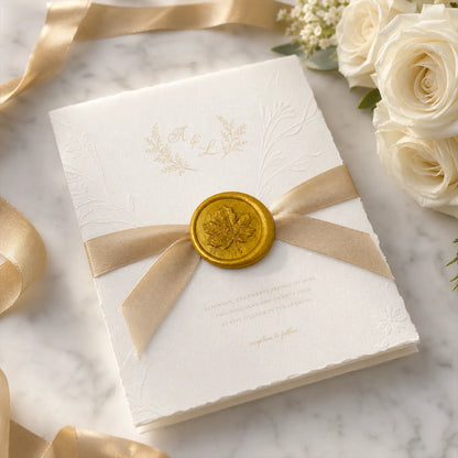 Maple leaf peel and stick wax seal on envelope for autumn stationery and invitations
