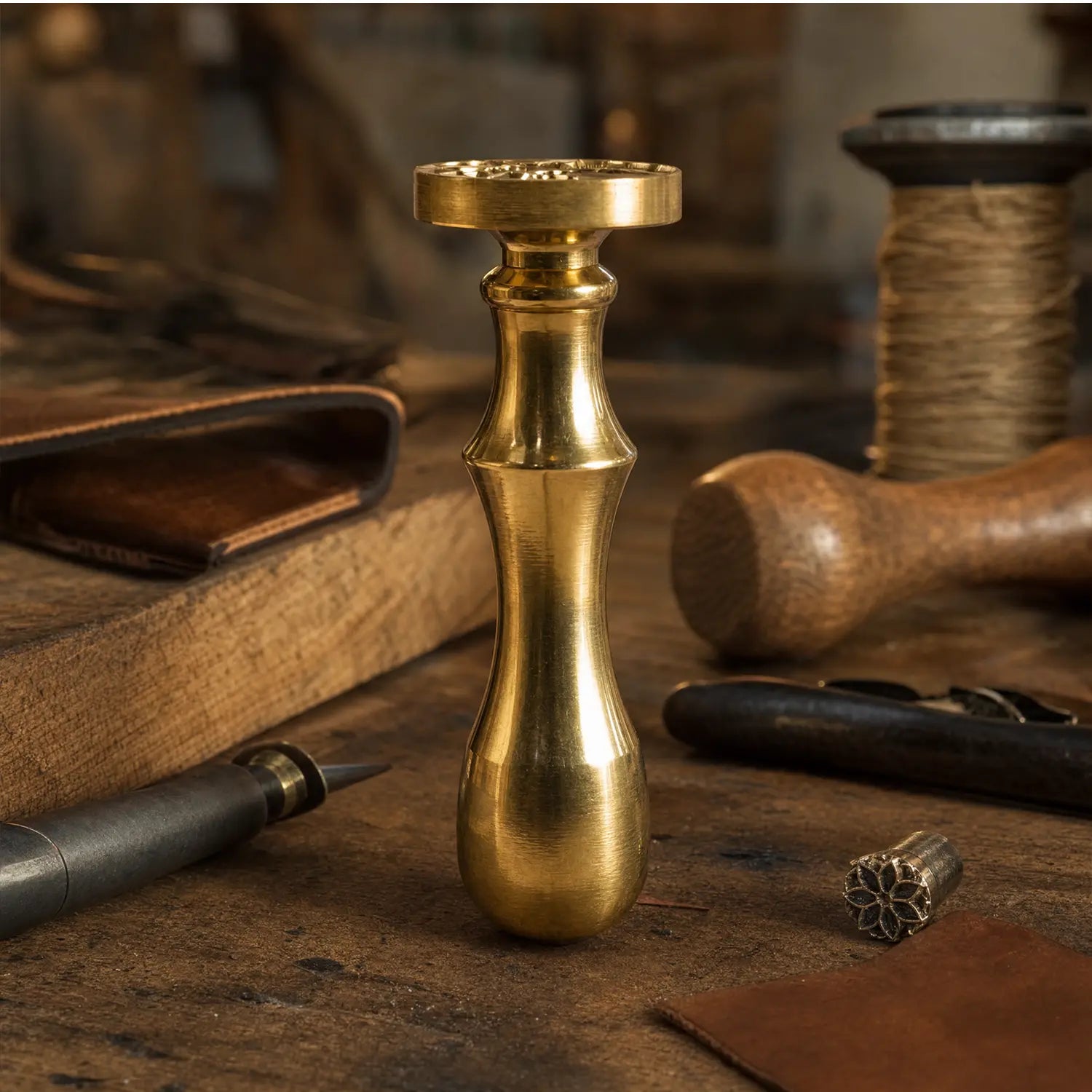 Solid brass handle attached to wax seal stamp head for custom wax sealing