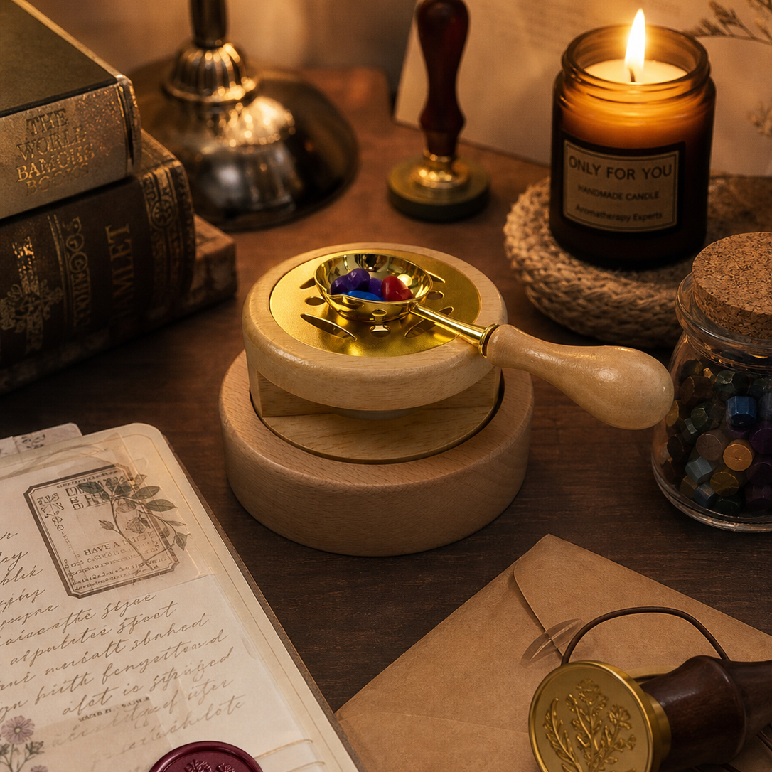 Wax seal warmer paired with sealing wax spoon scented candle and wax granules for crafts