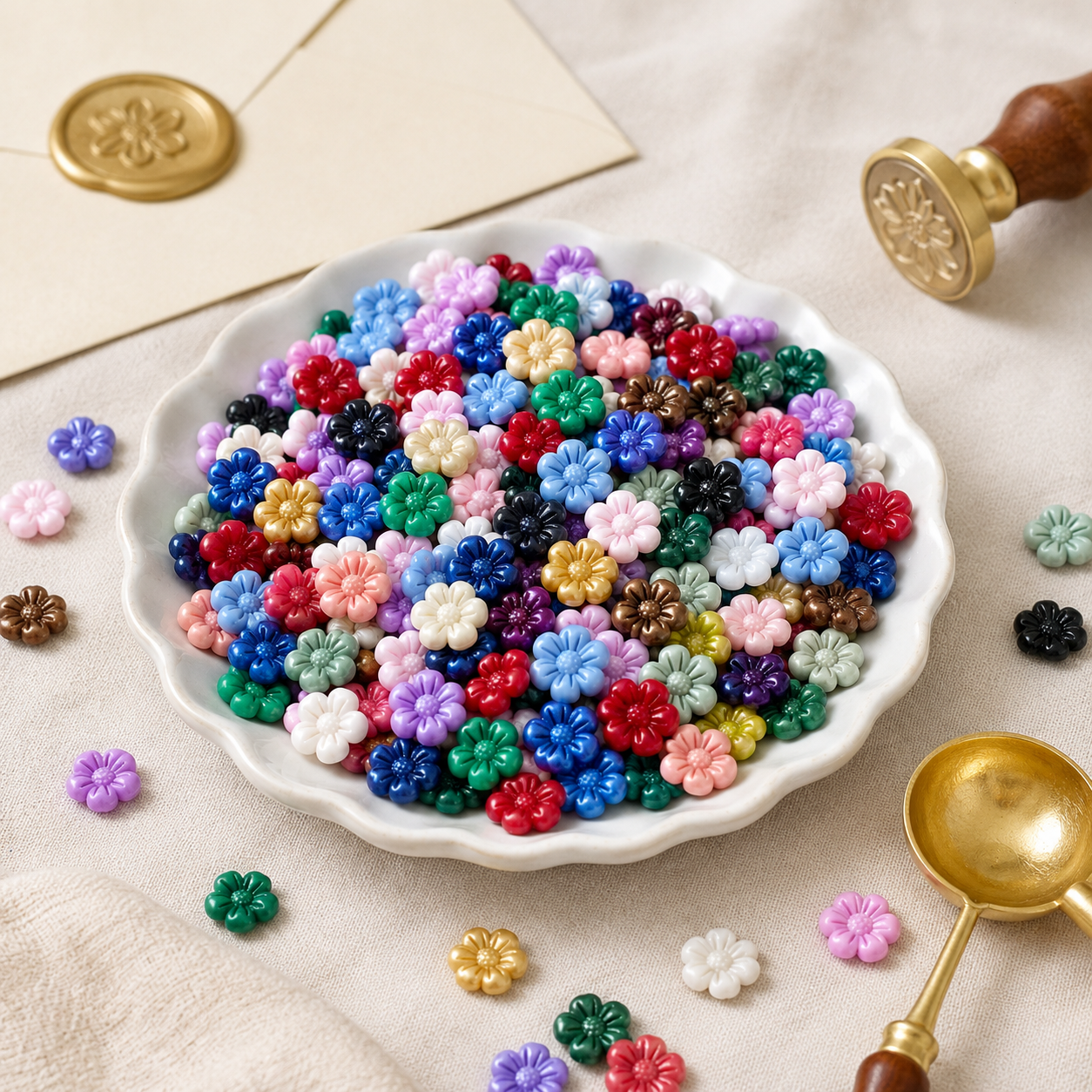 Flower-shaped sealing wax granules in a ceramic dish with wax seal stamp and spoon
