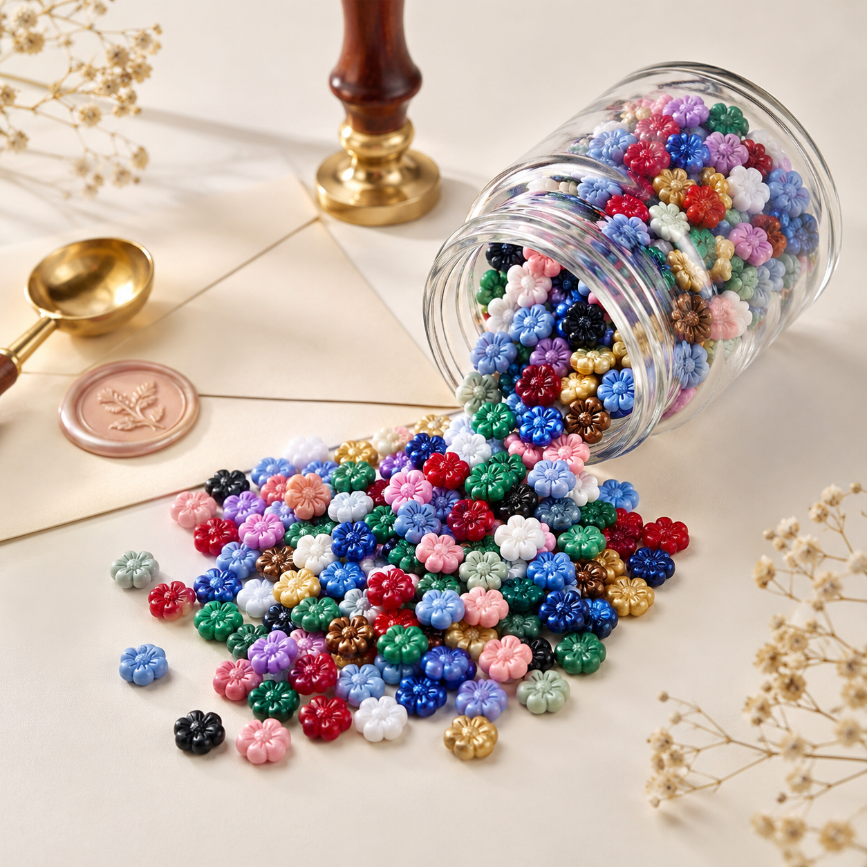 Floral sealing wax granules spilling from a glass jar with wax sealing tools