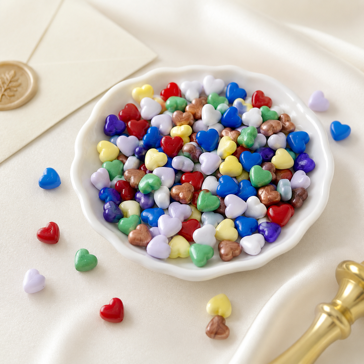 Heart-shaped sealing wax granules in a ceramic dish with wedding stationery