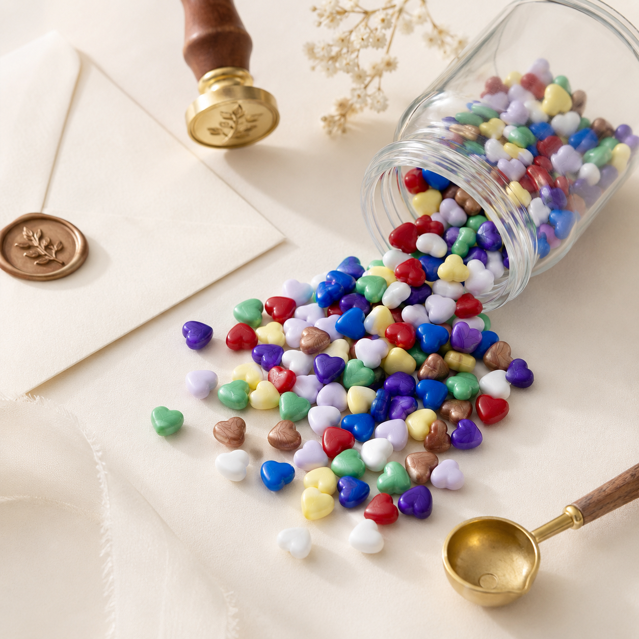 Heart-shaped sealing wax granules spilling from a glass jar with wax seal tools