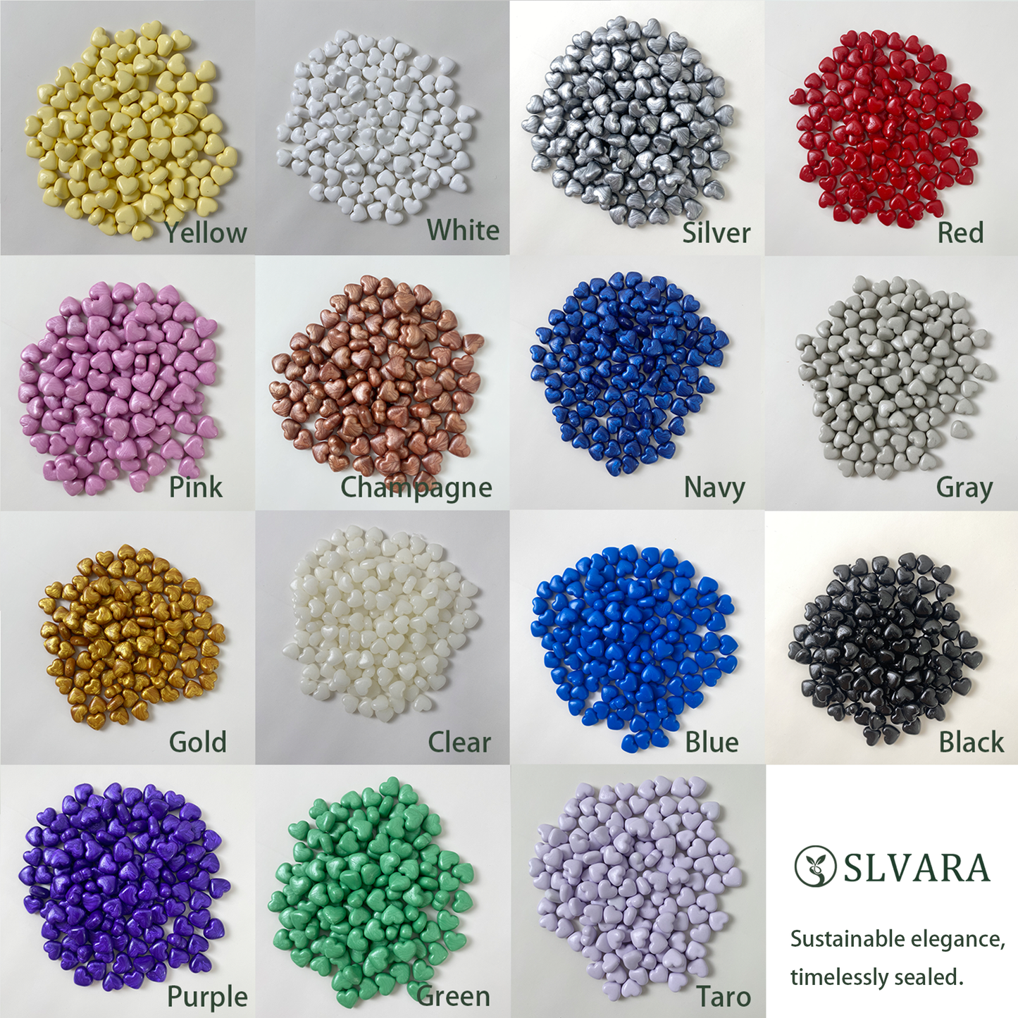 Heart-shaped sealing wax granules color chart in gold silver red blue green and pink