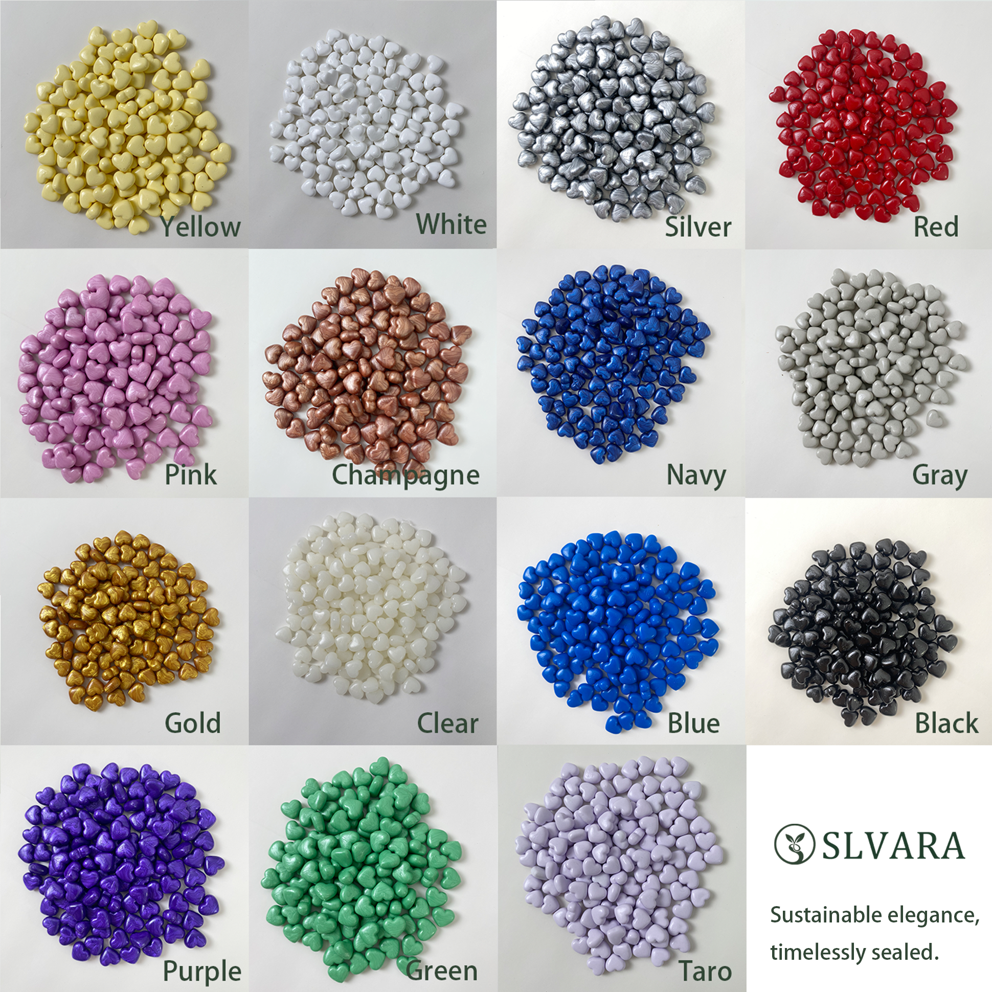 Heart-shaped sealing wax granules color chart in gold silver red blue green and pink