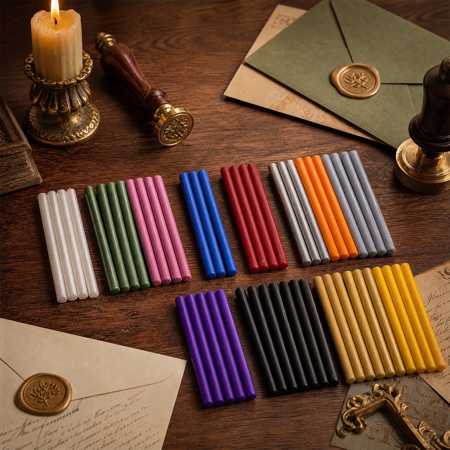 Timeless sealing wax sticks on vintage writing desk with wax seal stamp and envelopes