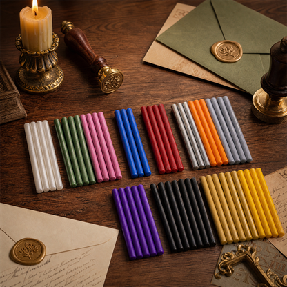 Timeless sealing wax sticks on vintage writing desk with wax seal stamp and envelopes