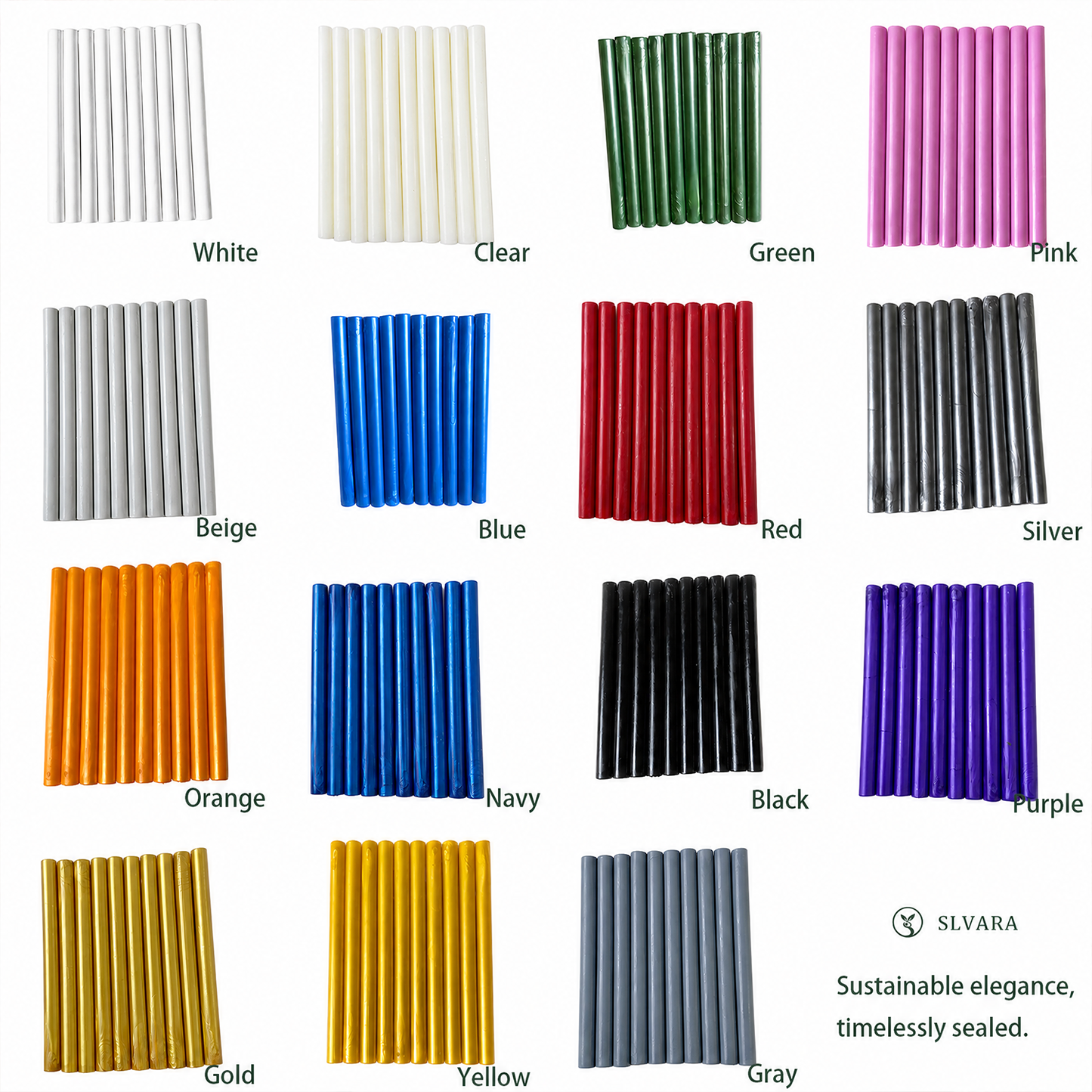 Sealing wax sticks color chart with white clear green pink blue red silver gold and more