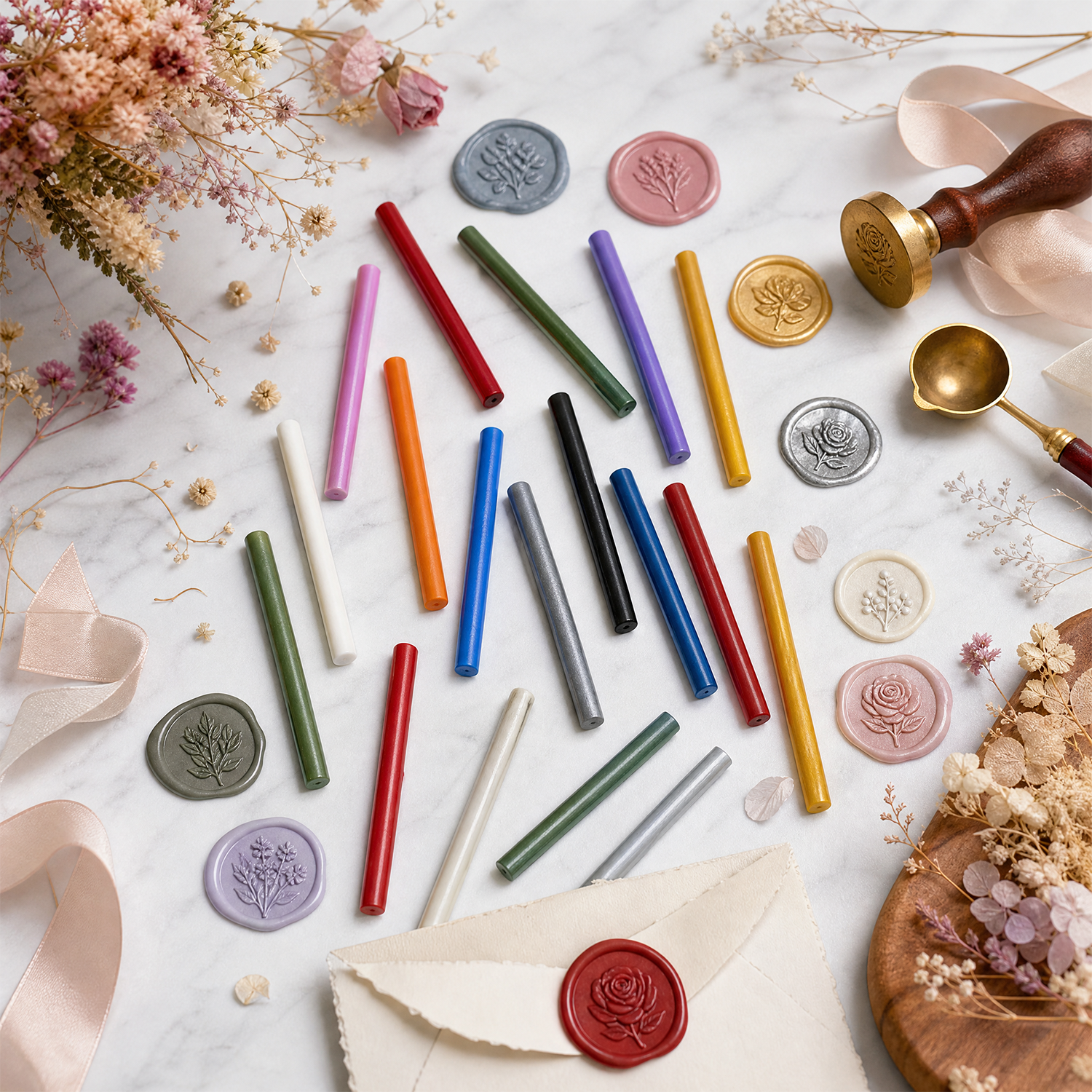 Colorful sealing wax sticks with wax seals stamp spoon flowers and wedding stationery