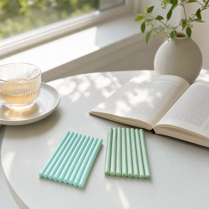 Pastel trend palette sealing wax sticks on table with book tea and soft natural light