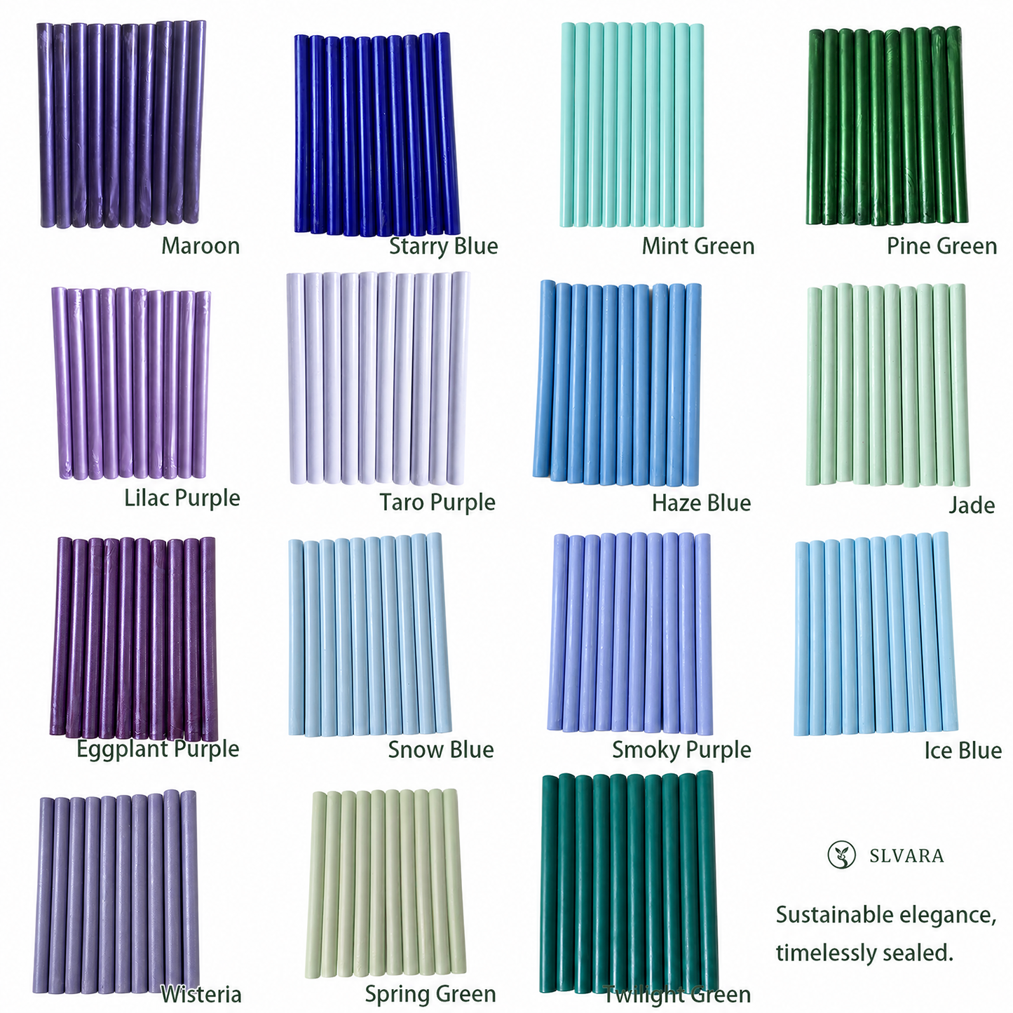 Trend palette sealing wax sticks color chart with blue green purple mint and pastel shades